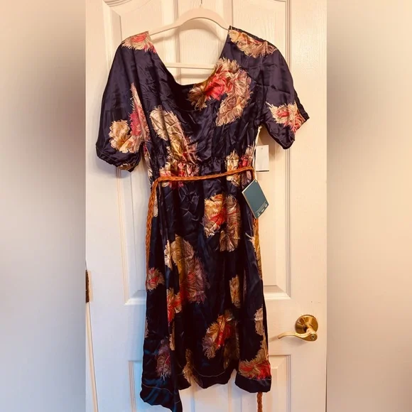 Schone Maternity Feather Blue Mini Dress w Orange Belt NEW Women’s Size L - Picture 2 of 10